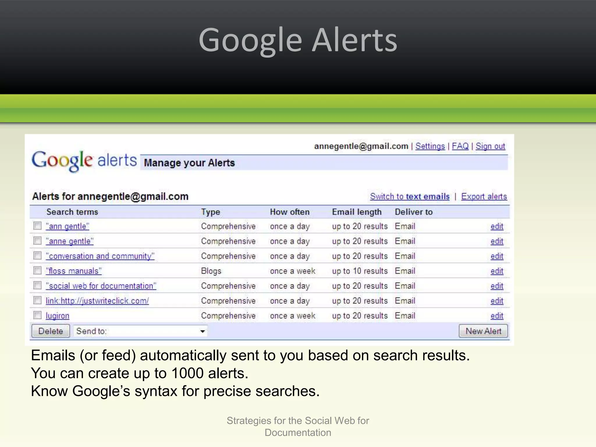 Google AlertsStrategies for the Social Web for DocumentationEmails (or feed) automatically sent to you based on search results.You can create up to 1000 alerts. Know Google’s syntax for precise searches. 