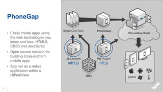 PhoneGap

    • Easily create apps using
      the web technologies you
      know and love: HTML5,
      CSS3 and JavaScript
    • Open source solution for
      building cross-platform
      mobile apps
                                 mh5.js   nfc.js
    • App run as a native
      application within a
      UIWebView


5
 