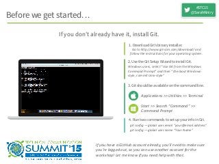 Applications  >>  Utilities  >>  Terminal
3. Git should be available on the command line.
Windows  users,  select  “Use  Git  from  the  Windows  
Command  Prompt”  and  then  “Checkout  Windows-­‐
style,  commit  Unix-­‐style”
2. Use the Git Setup Wizard to install Git.
Go  to  http://www.git-­‐scm.com/download/  and  
follow  the  instructions  for  your  operating  system.
1. Download Git’s binary installer.
Before we get started…
If you don’t already have it, install Git.
If  you  have  a  GitHub  account  already,  you’ll  need  to  make  sure  
you’re  logged  out,  so  you  can  use  another  account  for  the  
workshop!  Let  me  know  if  you  need  help  with  that.

Start  >>  Search  “Command”  >>  
Command  Prompt"
4. Run two commands to set up your info in Git.
@SarahKiniry
#STC15
#
git  config  —global  user.email  “your@email.address”  
git  config  —global  user.name  “Your  Name”
 