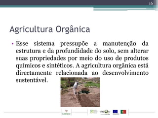 Agricultura Orgânica 
• Esse sistema pressupõe a manutenção da 
estrutura e da profundidade do solo, sem alterar 
suas propriedades por meio do uso de produtos 
químicos e sintéticos. A agricultura orgânica está 
directamente relacionada ao desenvolvimento 
sustentável. 
16 
 