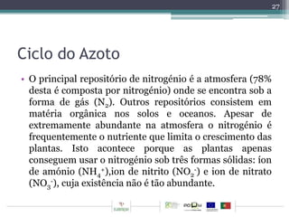 Ciclo do Azoto 
• O principal repositório de nitrogénio é a atmosfera (78% 
desta é composta por nitrogénio) onde se encontra sob a 
forma de gás (N). Outros repositórios consistem em 
2matéria orgânica nos solos e oceanos. Apesar de 
extremamente abundante na atmosfera o nitrogénio é 
frequentemente o nutriente que limita o crescimento das 
plantas. Isto acontece porque as plantas apenas 
conseguem usar o nitrogénio sob três formas sólidas: íon 
de amónio (NH+),ion de nitrito (NO-) e ion de nitrato 
4 
2 
-), cuja existência não é tão abundante. 
(NO3 
27 
 