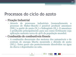 Processos do ciclo do azoto 
• Fixação Industrial 
32 
▫ Através de processos industriais (nomeadamente o 
processo de Haber-Bosch) é possível produzir amoníaco 
(NH3) a partir de azoto (N2) e hidrogénio (H2). O amoníaco 
é produzido principalmente para uso como fertilizante cuja 
aplicação sustenta cerca de 40% da população mundial. 
• Combustão de combustíveis fósseis 
▫ A combustão decorrente dos motores dos automóveis e de 
centrais de energia liberta monóxido e dióxido de azoto 
(NOx). Estes gases são posteriormente dissolvidos na água 
da chuva e depositados no solo. 
 