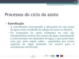 Processos do ciclo do azoto 
• Eutrofização 
▫ A eutrofização corresponde a alterações de um corpo 
de água como resultado de adição de azoto ou fósforo. 
▫ Os compostos de azoto existentes no solo são 
transportados através dos cursos de água, aumentando 
a concentração nos depósitos de água, o que pode fazer 
com que estes sejam sobre - populados por certas 
espécies de algas podendo ser nocivo para o 
ecossistema envolvente. 
37 
