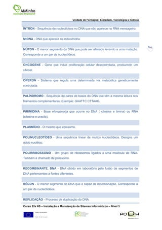 Unidade de Formação: Sociedade, Tecnológica e Ciência


ÍNTRON - Sequência de nucleotídeos no DNA que não aparece no RNA mensageiro.


MtDNA - DNA que aparece na mitocôndria.

                                                                                            10
MÚTON - O menor segmento do DNA que pode ser alterado levando a uma mutação.
Corresponde a um par de nucleotídeos.


ONCOGENE - Gene que induz proliferação celular descontrolada, produzindo um
câncer.


OPERON - Sistema que regula uma determinada via metabólica geneticamente
controlada.


PALÍNDROMO - Sequência de pares de bases do DNA que têm a mesma leitura nos
filamentos complementares. Exemplo: GAATTC CTTAAG.


PIRIMIDINA - Base nitrogenada que ocorre no DNA ( citosina e timina) ou RNA
(citosina e uracila).


PLASMÍDIO - O mesmo que epissomo.


POLINUCLEOTÍDEO - Uma sequência linear de muitos nucleotídeos. Designa um
ácido nucléico.


POLIRRIBOSSOMO - Um grupo de ribossomos ligados a uma molécula de RNA.
Também é chamado de polissomo.


RECOMBINANTE, DNA - DNA obtido em laboratório pela fusão de segmentos de
DNA pertencentes a fontes diferentes.


RÉCON - O menor segmento do DNA que é capaz de recombinação. Corresponde a
um par de nucleotídeos.


REPLICAÇÃO - Processo de duplicação do DNA.

Curso Efa NS – Instalação e Manutenção de Sitemas Informáticos – Nivel 3
 