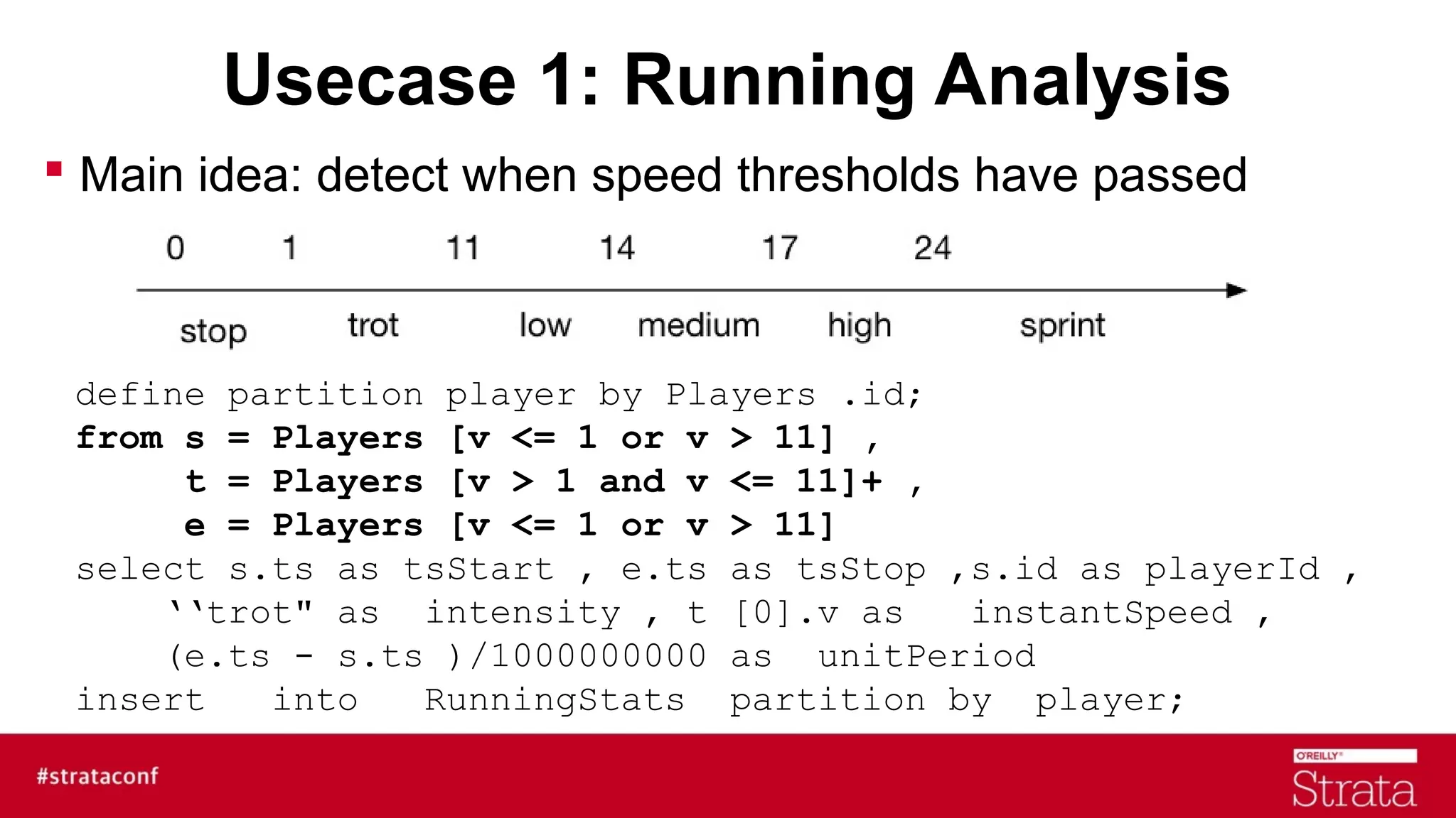 Usecase 1: Running Analysis
 Main idea: detect when speed thresholds have passed

define partition player by Players .id;
from s = Players [v <= 1 or v > 11] ,
t = Players [v > 1 and v <= 11]+ ,
e = Players [v <= 1 or v > 11]
select s.ts as tsStart , e.ts as tsStop ,s.id as playerId ,
‘‘trot" as intensity , t [0].v as
instantSpeed ,
(e.ts - s.ts )/1000000000 as unitPeriod
insert
into
RunningStats partition by player;

 