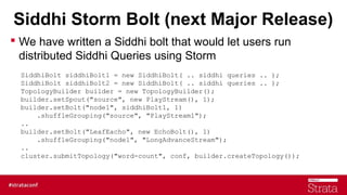 Siddhi Storm Bolt (next Major Release)
 We have written a Siddhi bolt that would let users run
distributed Siddhi Queries using Storm
SiddhiBolt siddhiBolt1 = new SiddhiBolt( .. siddhi queries .. );
SiddhiBolt siddhiBolt2 = new SiddhiBolt( .. siddhi queries .. );
TopologyBuilder builder = new TopologyBuilder();
builder.setSpout("source", new PlayStream(), 1);
builder.setBolt("node1", siddhiBolt1, 1)
.shuffleGrouping("source", "PlayStream1");
..
builder.setBolt("LeafEacho", new EchoBolt(), 1)
.shuffleGrouping("node1", "LongAdvanceStream");
..
cluster.submitTopology("word-count", conf, builder.createTopology());

 
