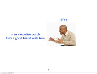 Jerry


            is an executive coach.
         He’s a good friend with Tom.




                                        7
Sunday, August 28, 2011
 