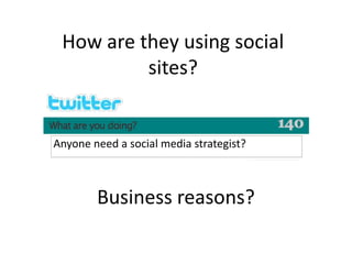 Social Media Goals: Overview
Support
  • Connect customers to each other
  • Reduce support costs
  • Answer questions…sol...