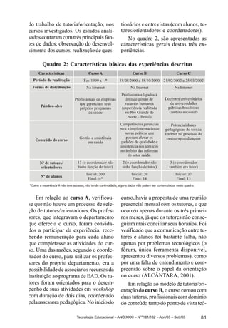 do trabalho de tutoria/orientação, nos          tionários e entrevistas (com alunos, tu-
cursos investigados. Os estudos anali-          tores/orientadores e coordenadores).
sados contaram com três principais fon-            No quadro 2, são apresentadas as
tes de dados: observação do desenvol-           características gerais destas três ex-
vimento dos cursos, realização de ques-         periências.

      Quadro 2: Características básicas das experiências descritas




    Em relação ao curso A, verificou-           curso, havia a proposta de uma reunião
se que não houve um processo de sele-           presencial mensal com os tutores, o que
ção de tutores/orientadores. Os profes-         ocorreu apenas durante os três primei-
sores, que integravam o departamento            ros meses, já que os tutores não conse-
que oferecia o curso, foram convida-            guiam mais conciliar seus horários. Foi
dos a participar da experiência, rece-          verificado que a comunicação entre tu-
bendo remuneração para cada aluno               tores e alunos foi bastante falha, não
que completasse as atividades do cur-           apenas por problemas tecnológicos (o
so. Uma das razões, segundo o coorde-           fórum, única ferramenta disponível,
nador do curso, para utilizar os profes-        apresentou diversos problemas), como
sores do próprio departamento, era a            por uma falta de entendimento e com-
possibilidade de associar os recursos da        preensão sobre o papel da orientação
instituição ao programa de EAD. Os tu-          no curso (ALCÂNTARA, 2001).
tores foram orientados para o desem-               Em relação ao modelo de tutoria/ori-
penho de suas atividades em workshop            entação do curso B, o curso contou com
com duração de dois dias, coordenado            duas tutoras, profissionais com domínio
pela assessora pedagógica. No início do         do conteúdo tanto do ponto de vista teó-

                      Tecnologia Educacional – ANO XXXI – NOS161/162 – Abr./03 – Set./03   81
 