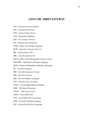14




                   LISTA DE ABREVIATURAS

CGI - Common Gateway Interface
CSS - Cascading Style Sheet
DNS – Domain Name System
EAD - Educação à Distância
FTP - File Transfer Protocol
GIF - Graphic Interchange File
HTML -Hyper Text Markup Language
HTTP - HyperText Transfer Protocol
IRC - Internet Relay Chat
JDK - Java Development Kit
JPEG ou JPG - Joint Photographics Experts Group
MATHML - Mathematical Markup Language
NIED - Núcleo de Informática Aplicada à Educação
PC – Personal Computer
PDF - Portable Document Format
RTF - Rich Text Format
SQL - Structured Query Language
SVG - Scalable Vector Graphics
UFPel - Universidade Federal de Pelotas
WBE – Web Based Education
WebCT – Web Course Tools
WWW - World Wide Web
W3C - World Wide Web Consortium
XML - Extensible Markup Language
XSL - Extensible Stylesheet Language
 