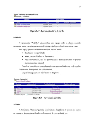 67




                       Figura 5.19 - Ferramenta diário de bordo


Portfólio

       A ferramenta “Portfólio” disponibiliza um espaço onde os alunos poderão
armazenar textos e arquivos a serem utilizados e trabalhos realizados durante o curso.
       Este espaço poderá ter compartilhamento em três níveis:
            •   Totalmente compartilhado;
            •   Modo compartilhado com formadores;
            •   Não compartilhado, que não permite acesso de ninguém além do próprio
                aluno criador do material.
            Quando o material está no modo totalmente compartilhado, este pode receber
       comentários ou sugestões dos outros alunos.
            Os portfólios podem ser individuais ou de grupo.




                           Figura 5.20 - Ferramenta portfólio


Acessos

       A ferramenta “Acessos” permite acompanhar a freqüência de acesso dos alunos
ao curso e as ferramentas utilizadas. A ferramenta Acesso se divide em:
 