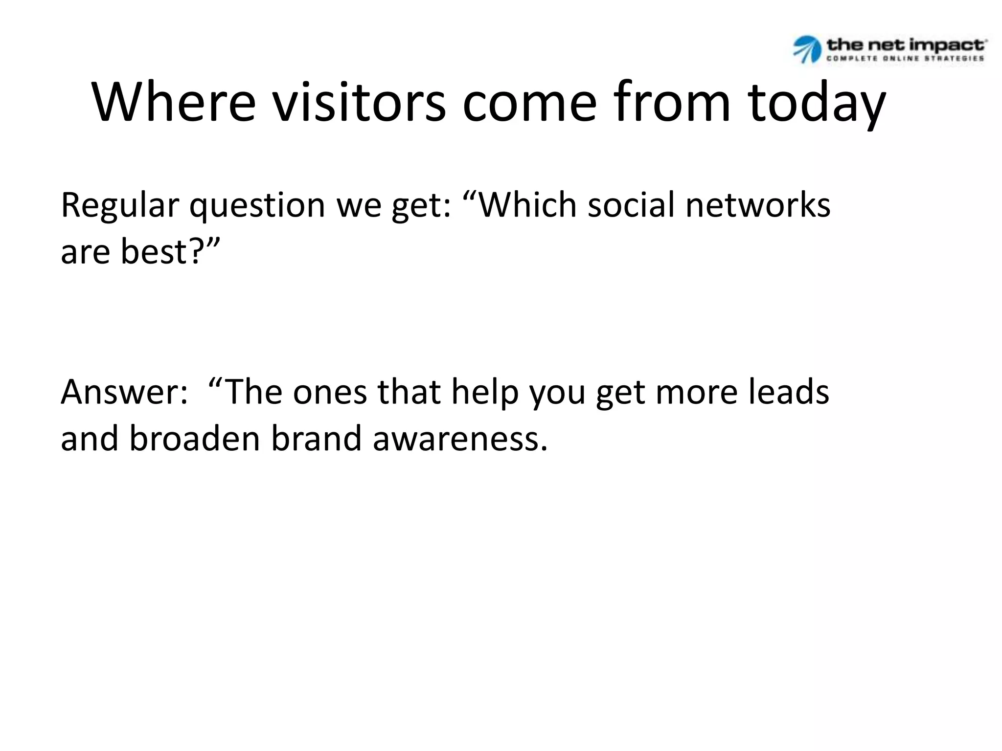 The online photo sharing site Flickr now hosts more than 3.6 billion user images.• The online bookmarking service Delicious has more than 5 million users and more than 150 million unique bookmarked URLs.Consumer-generated media represents almost 20% of time spent but less than 3% of advertising dollarsWhere visitors come from today