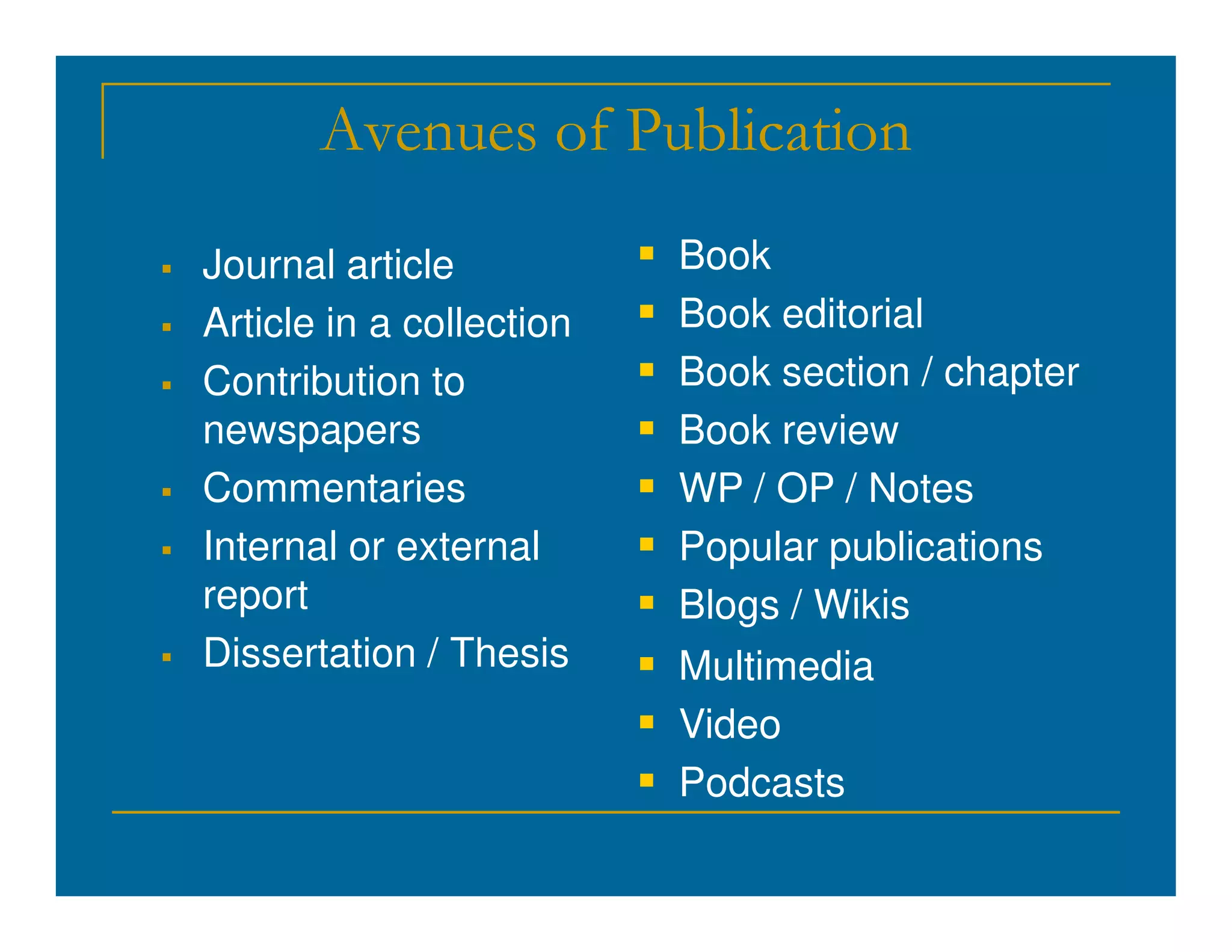 Avenues of Publication
 Journal article
 Article in a collection
 Contribution to
newspapers
Commentaries
 Book
 Book editorial
 Book section / chapter
 Book review
 WP / OP / Notes
 Commentaries
 Internal or external
report
 Dissertation / Thesis
 WP / OP / Notes
 Popular publications
 Blogs / Wikis
 Multimedia
 Video
 Podcasts
 