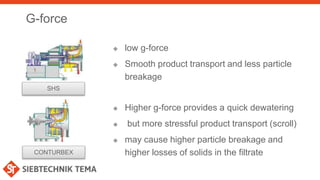 G-force
CONTURBEX
SHS
 low g-force
 Smooth product transport and less particle
breakage
 Higher g-force provides a quick dewatering
 but more stressful product transport (scroll)
 may cause higher particle breakage and
higher losses of solids in the filtrate
 