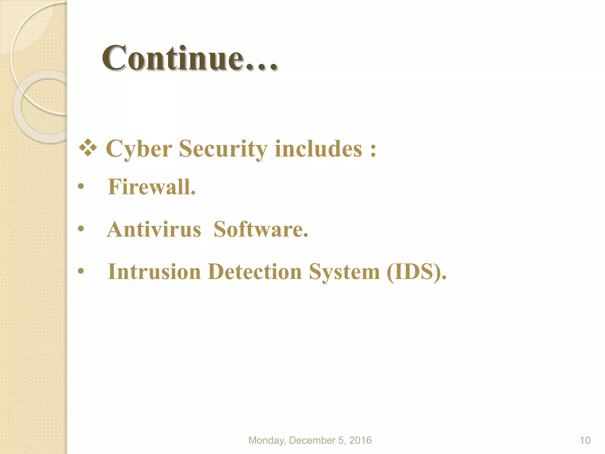Continue…
Monday, December 5, 2016 10
 Cyber Security includes :
• Firewall.
• Antivirus Software.
• Intrusion Detection System (IDS).
 