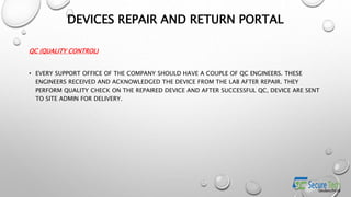 QC (QUALITY CONTROL)
• EVERY SUPPORT OFFICE OF THE COMPANY SHOULD HAVE A COUPLE OF QC ENGINEERS. THESE
ENGINEERS RECEIVED AND ACKNOWLEDGED THE DEVICE FROM THE LAB AFTER REPAIR. THEY
PERFORM QUALITY CHECK ON THE REPAIRED DEVICE AND AFTER SUCCESSFUL QC, DEVICE ARE SENT
TO SITE ADMIN FOR DELIVERY.
DEVICES REPAIR AND RETURN PORTAL
 