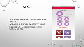 STAS
• EMPLOYEE CAN MARK THEIR ATTENDANCE AND APPLY
FOR LEAVE
• LEAVE CAN ALSO BE APPLIED ON REPORTEE’S BEHALF
• IT IS LINKED WITH ACCESS CONTROL(BIOMETRIC
FACIAL) IN OUR CASE
 
