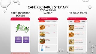 CAFÉ RECHARGE STEP APP
CAFÉ RECHARGE
SCREEN
TODAY MENU
SCREEN THIS WEEK MENU
 