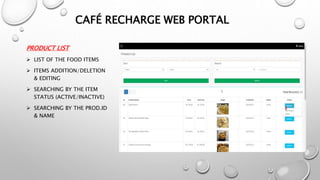 PRODUCT LIST
 LIST OF THE FOOD ITEMS
 ITEMS ADDITION/DELETION
& EDITING
 SEARCHING BY THE ITEM
STATUS (ACTIVE/INACTIVE)
 SEARCHING BY THE PROD.ID
& NAME
CAFÉ RECHARGE WEB PORTAL
 
