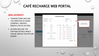 MEAL PAYMENTS
 TRANSACTIONS INCLUDE
THE EMPLOYEE ID/NAME,
COMPANY, AMOUNT,
MONTH STATUS ACTION
 ACTION INCLUDE THE
FURTHER DETAILS WHICH
CAN BE SEEN IN THE PICTURE
SHOWN
CAFÉ RECHARGE WEB PORTAL
 