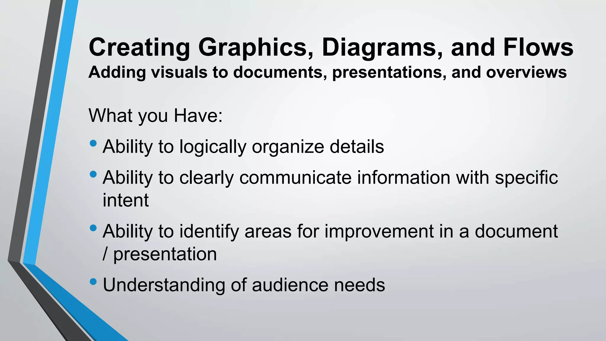 Creating Graphics, Diagrams, and Flows
Adding visuals to documents, presentations, and overviews
What you Have:
• Ability to logically organize details
• Ability to clearly communicate information with specific
intent
• Ability to identify areas for improvement in a document
/ presentation
• Understanding of audience needs
 