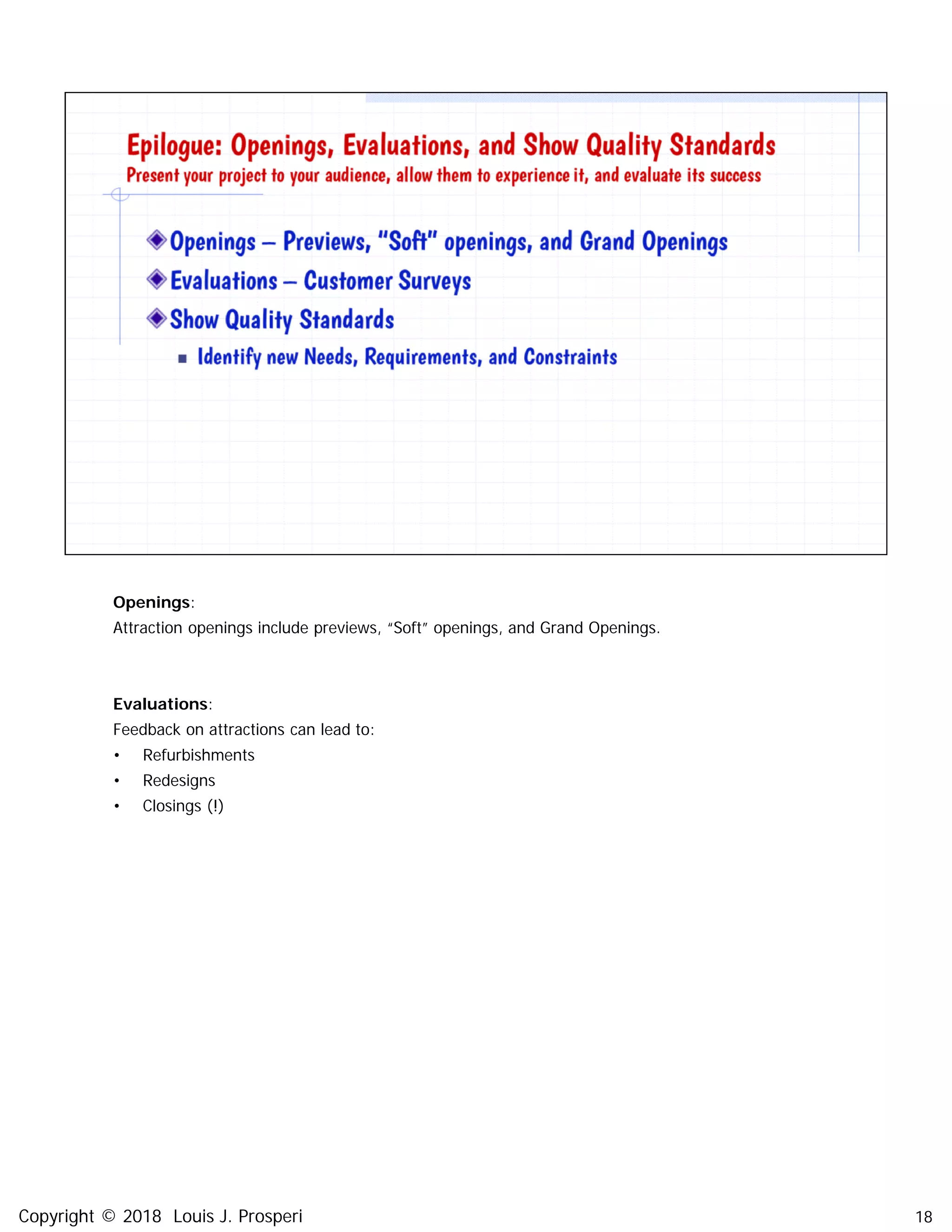 Openings:
Attraction openings include previews, “Soft” openings, and Grand Openings.
Evaluations:
Feedback on attractions can lead to:
• Refurbishments
• Redesigns
• Closings (!)
18Copyright © 2018 Louis J. Prosperi
 