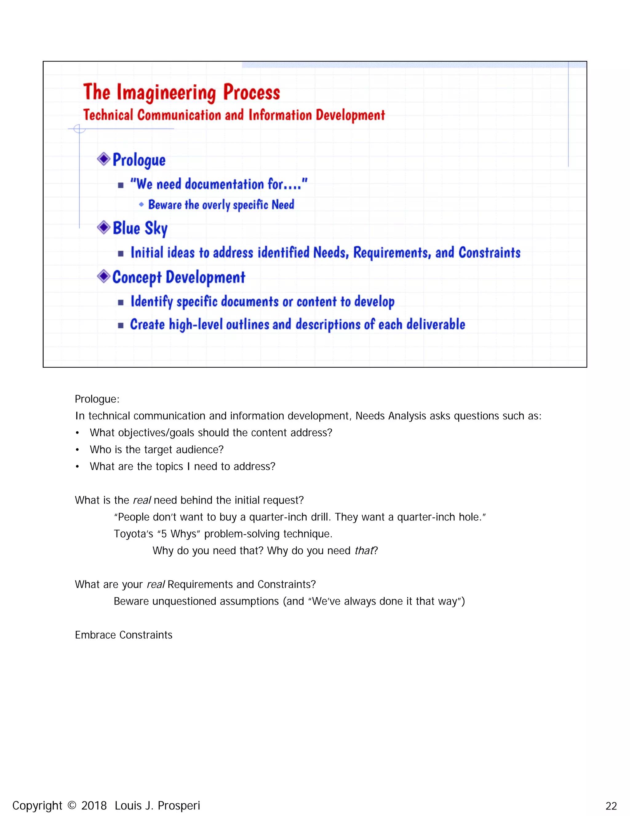 Prologue:
In technical communication and information development, Needs Analysis asks questions such as:
• What objectives/goals should the content address?
• Who is the target audience?
• What are the topics I need to address?
What is the real need behind the initial request?
“People don’t want to buy a quarter-inch drill. They want a quarter-inch hole.”
Toyota’s “5 Whys” problem-solving technique.
Why do you need that? Why do you need that?
What are your real Requirements and Constraints?
Beware unquestioned assumptions (and “We’ve always done it that way”)
Embrace Constraints
22Copyright © 2018 Louis J. Prosperi
 
