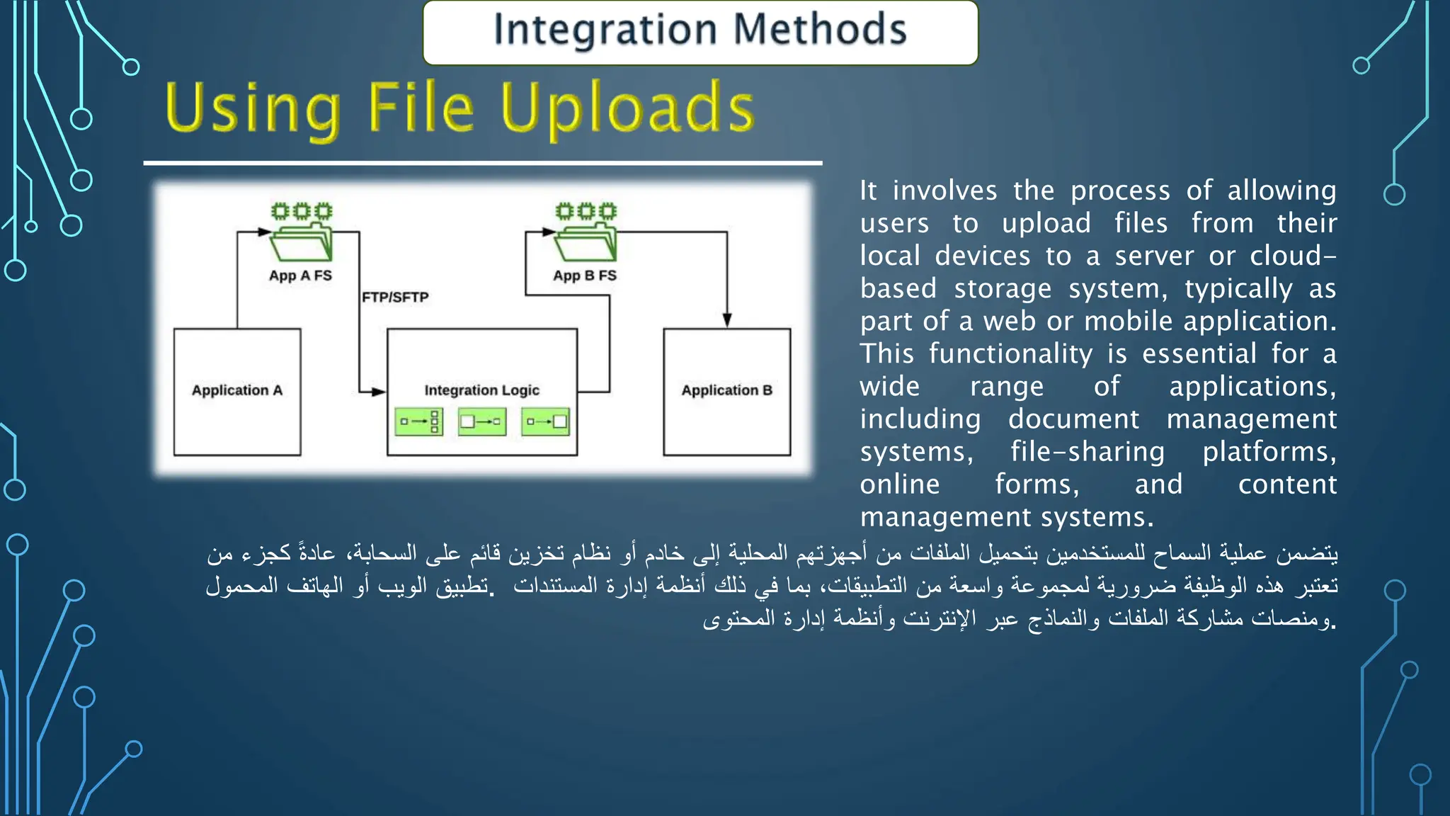 It involves the process of allowing
users to upload files from their
local devices to a server or cloud-
based storage system, typically as
part of a web or mobile application.
This functionality is essential for a
wide range of applications,
including document management
systems, file-sharing platforms,
online forms, and content
management systems.
‫يتضمن‬
‫عملية‬
‫السماح‬
‫للمستخدمين‬
‫بتحميل‬
‫الملفات‬
‫من‬
‫أجهزتهم‬
‫المحلية‬
‫إلى‬
‫خادم‬
‫أو‬
‫نظام‬
‫تخزين‬
‫قائم‬
‫على‬
‫السحابة‬
،
ً
‫عادة‬
‫كجزء‬
‫من‬
‫تطبيق‬
‫الويب‬
‫أو‬
‫الهاتف‬
‫المحمول‬ . ‫تعتبر‬
‫هذه‬
‫الوظيفة‬
‫ضرورية‬
‫لمجموعة‬
‫واسعة‬
‫من‬
‫التطبيقات‬
،
‫بما‬
‫في‬
‫ذلك‬
‫أنظمة‬
‫إدارة‬
‫المستندات‬
‫ومنصات‬
‫مشاركة‬
‫الملفات‬
‫والنماذج‬
‫عبر‬
‫اإلنترنت‬
‫وأنظمة‬
‫إدارة‬
‫المحتوى‬ .
 