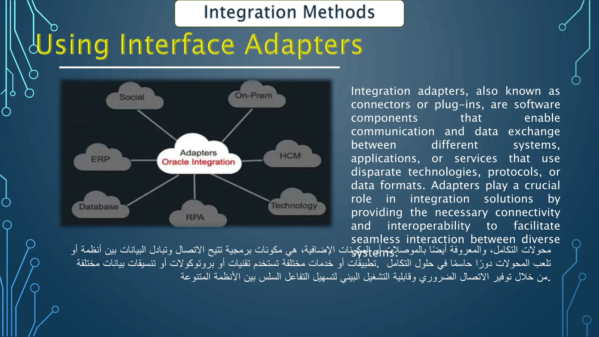 Integration adapters, also known as
connectors or plug-ins, are software
components that enable
communication and data exchange
between different systems,
applications, or services that use
disparate technologies, protocols, or
data formats. Adapters play a crucial
role in integration solutions by
providing the necessary connectivity
and interoperability to facilitate
seamless interaction between diverse
systems. ‫محوالت‬
‫التكامل‬
،
‫والمعروفة‬
‫ا‬‫أيض‬
‫بالموصالت‬
‫أو‬
‫المكونات‬
‫اإلضافية‬
،
‫هي‬
‫مكونات‬
‫برمجية‬
‫تتيح‬
‫االتصال‬
‫وتبادل‬
‫البيانات‬
‫بين‬
‫أنظمة‬
‫أ‬
‫و‬
‫تطبيقات‬
‫أو‬
‫خدمات‬
‫مختلفة‬
‫تستخدم‬
‫تقنيات‬
‫أو‬
‫بروتوكوالت‬
‫أو‬
‫تنسيقات‬
‫بيانات‬
‫مختلفة‬ . ‫تلعب‬
‫المحوالت‬
‫ا‬‫دور‬
‫ا‬‫حاسم‬
‫في‬
‫حلول‬
‫التكامل‬
‫من‬
‫خالل‬
‫توفير‬
‫االتصال‬
‫الضروري‬
‫وقابلية‬
‫التشغيل‬
‫البيني‬
‫لتسهيل‬
‫التفاعل‬
‫السلس‬
‫بين‬
‫األنظمة‬
‫المتنوعة‬ .
 