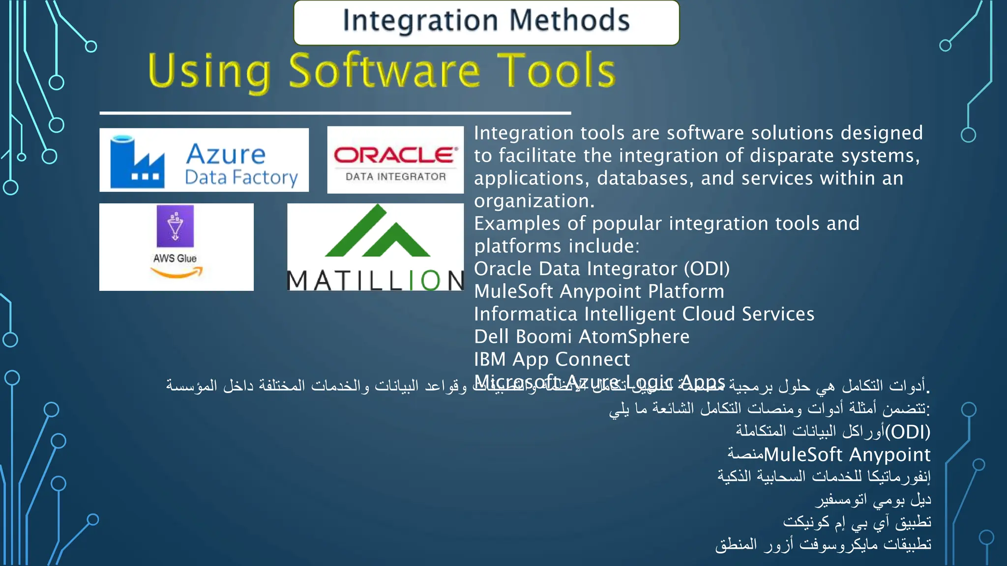 Integration tools are software solutions designed
to facilitate the integration of disparate systems,
applications, databases, and services within an
organization.
Examples of popular integration tools and
platforms include:
Oracle Data Integrator (ODI)
MuleSoft Anypoint Platform
Informatica Intelligent Cloud Services
Dell Boomi AtomSphere
IBM App Connect
Microsoft Azure Logic Apps ‫أدوات‬
‫التكامل‬
‫هي‬
‫حلول‬
‫برمجية‬
‫مصممة‬
‫لتسهيل‬
‫تكامل‬
‫األنظمة‬
‫والتطبيقات‬
‫وقواعد‬
‫البيانات‬
‫والخدمات‬
‫المختلفة‬
‫داخل‬
‫المؤسسة‬ .
‫تتضمن‬
‫أمثلة‬
‫أدوات‬
‫ومنصات‬
‫التكامل‬
‫الشائعة‬
‫ما‬
‫يلي‬ :
‫أوراكل‬
‫البيانات‬
‫المتكاملة‬ (ODI)
‫منصة‬MuleSoft Anypoint
‫إنفورماتيكا‬
‫للخدمات‬
‫السحابية‬
‫الذكية‬
‫ديل‬
‫بومي‬
‫اتومسفير‬
‫تطبيق‬
‫آي‬
‫بي‬
‫إم‬
‫كونيكت‬
‫تطبيقات‬
‫مايكروسوفت‬
‫أزور‬
‫المنطق‬
 