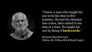 “I know a man who taught his
son to tie his shoe in five
minutes. He tied the shoelace
into a bow, then untied it one
step at a time. He taught his
son by doing it backwards.”
Richard Saul Wurman
Follow the Yellow Brick Road (1991).
 