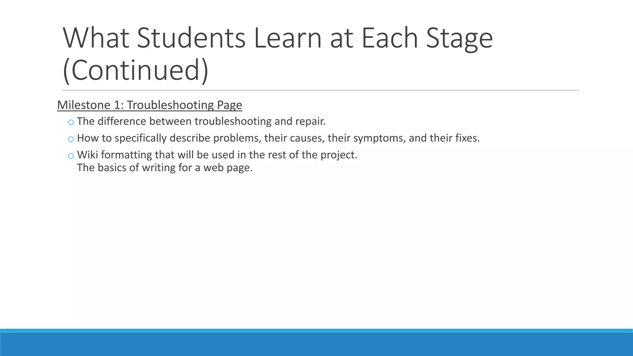 What Students Learn at Each Stage
(Continued)
Milestone 1: Troubleshooting Page
o The difference between troubleshooting and repair.
o How to specifically describe problems, their causes, their symptoms, and their fixes.
o Wiki formatting that will be used in the rest of the project.
The basics of writing for a web page.
 