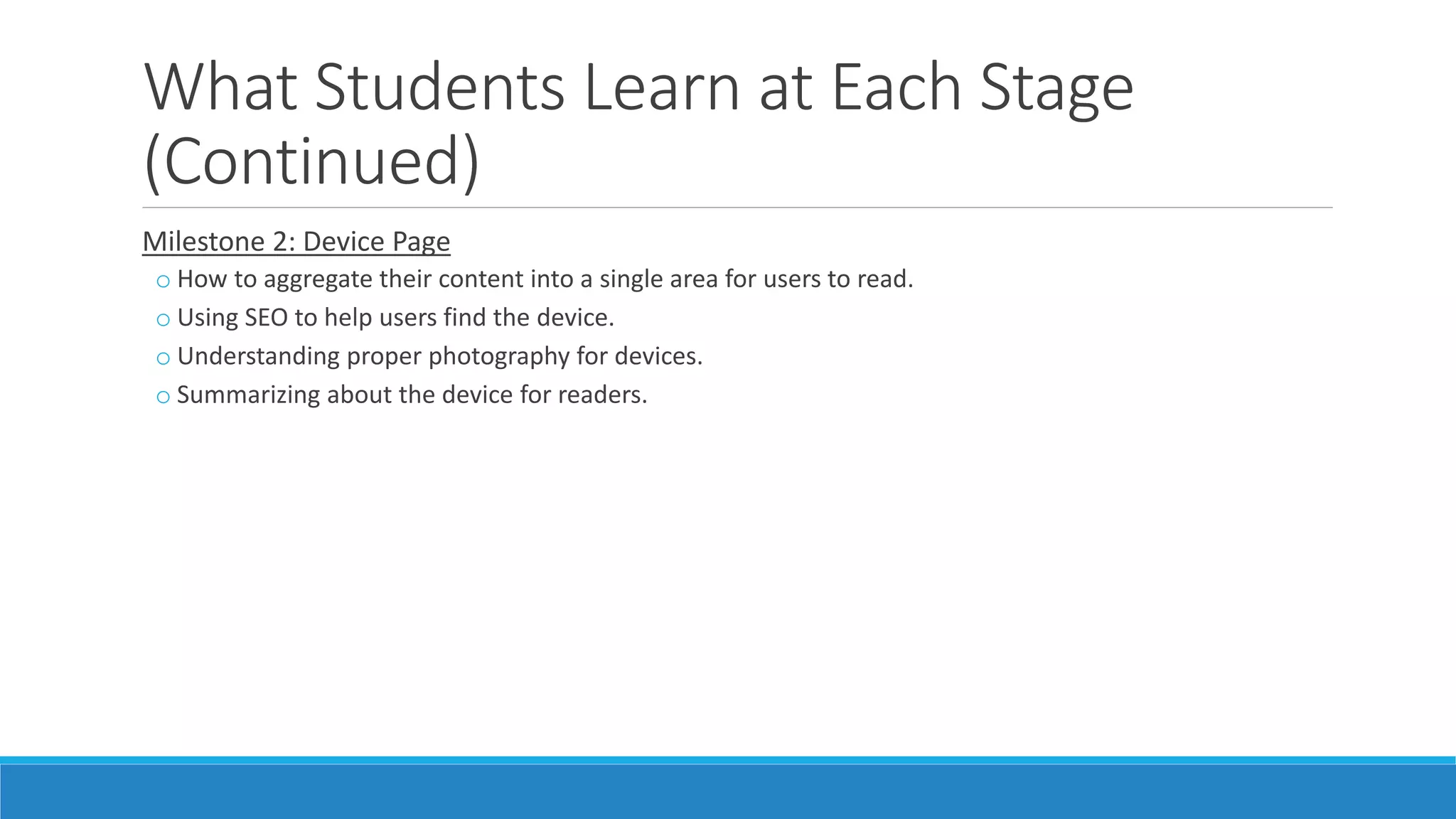 What Students Learn at Each Stage
(Continued)
Milestone 2: Device Page
o How to aggregate their content into a single area for users to read.
o Using SEO to help users find the device.
o Understanding proper photography for devices.
o Summarizing about the device for readers.
 