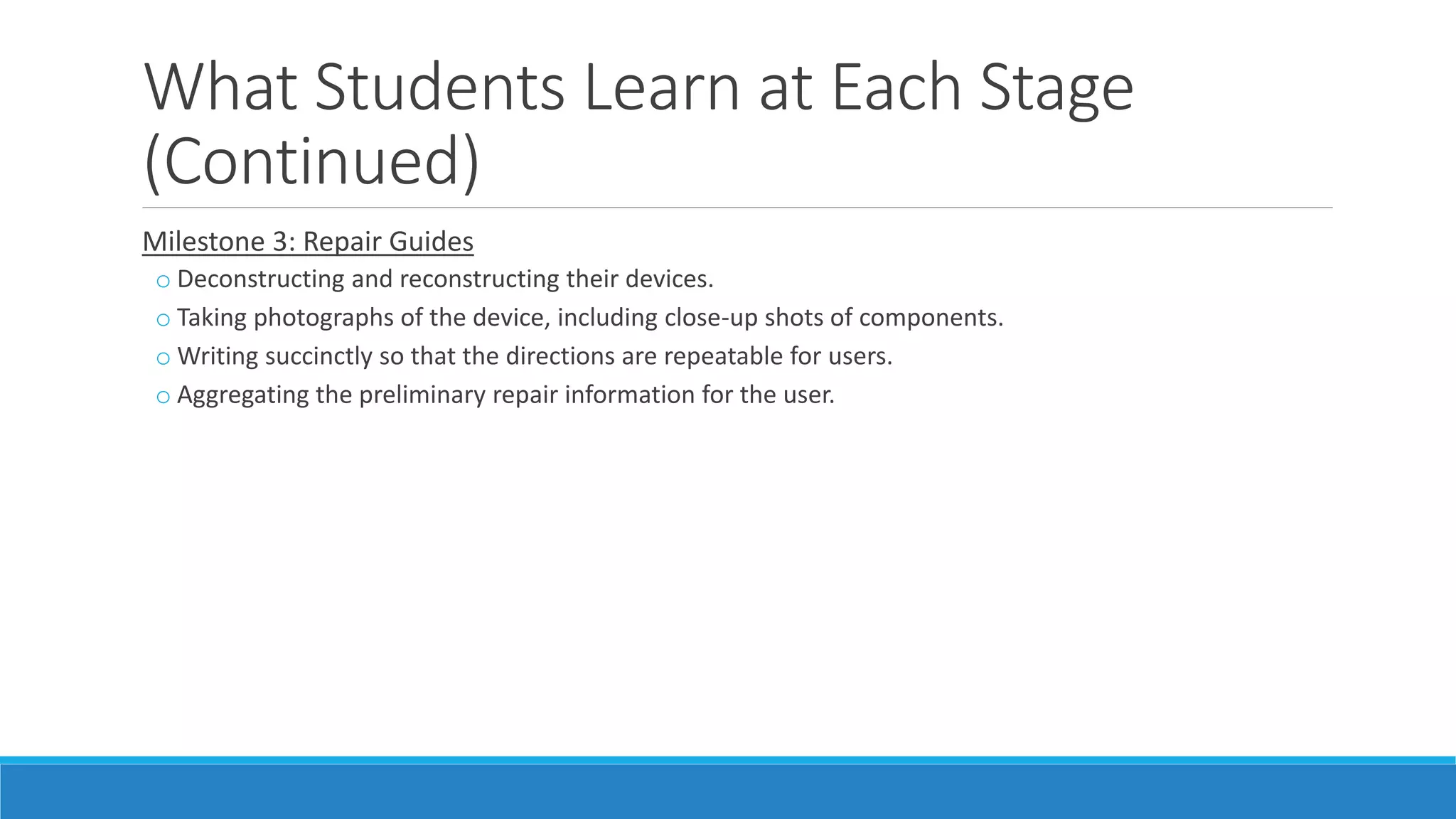 What Students Learn at Each Stage
(Continued)
Milestone 3: Repair Guides
o Deconstructing and reconstructing their devices.
o Taking photographs of the device, including close-up shots of components.
o Writing succinctly so that the directions are repeatable for users.
o Aggregating the preliminary repair information for the user.
 