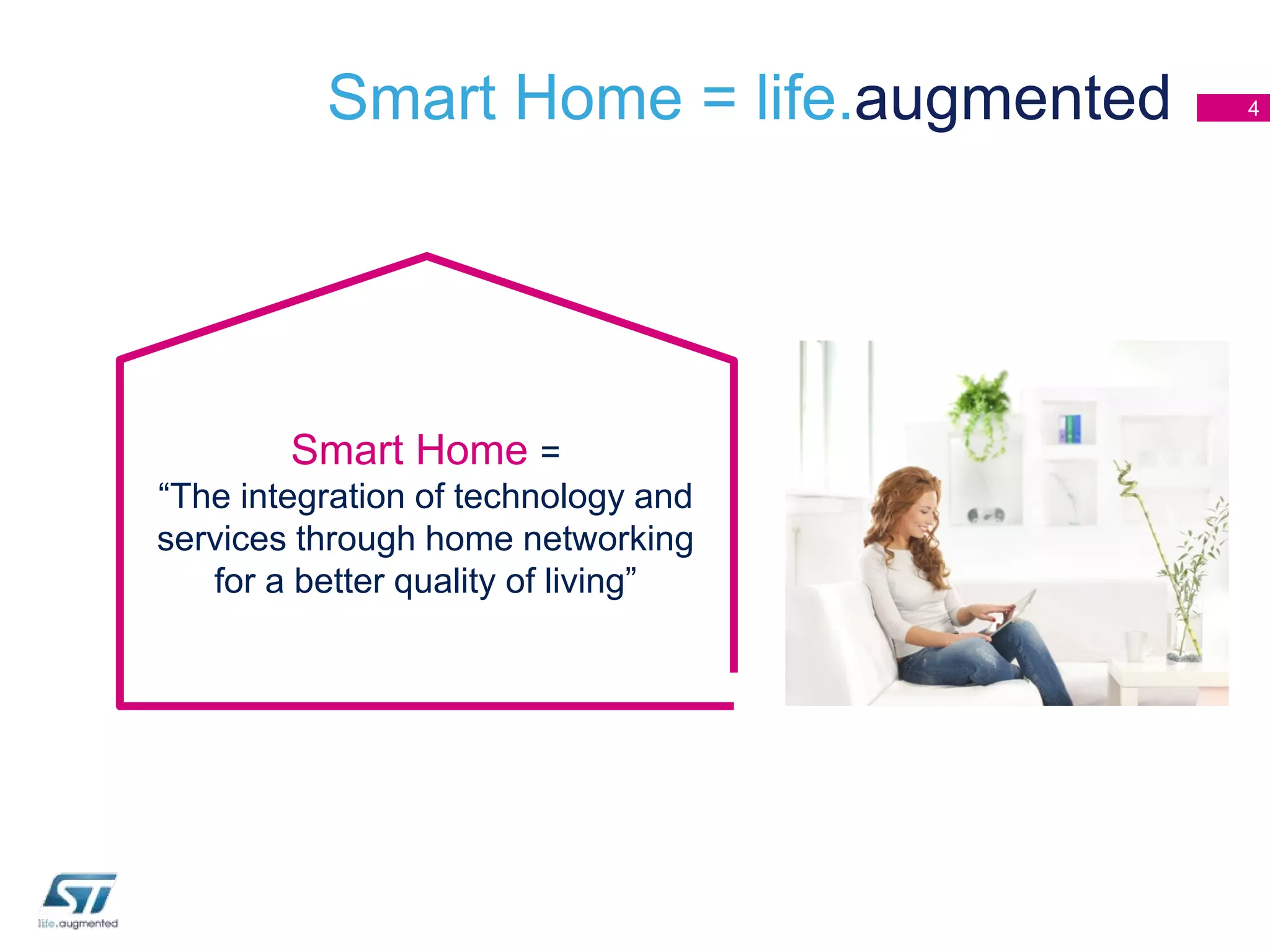Smart Home = life.augmented

Smart Home =
“The integration of technology and
services through home networking
for a better quality of living”

4

 