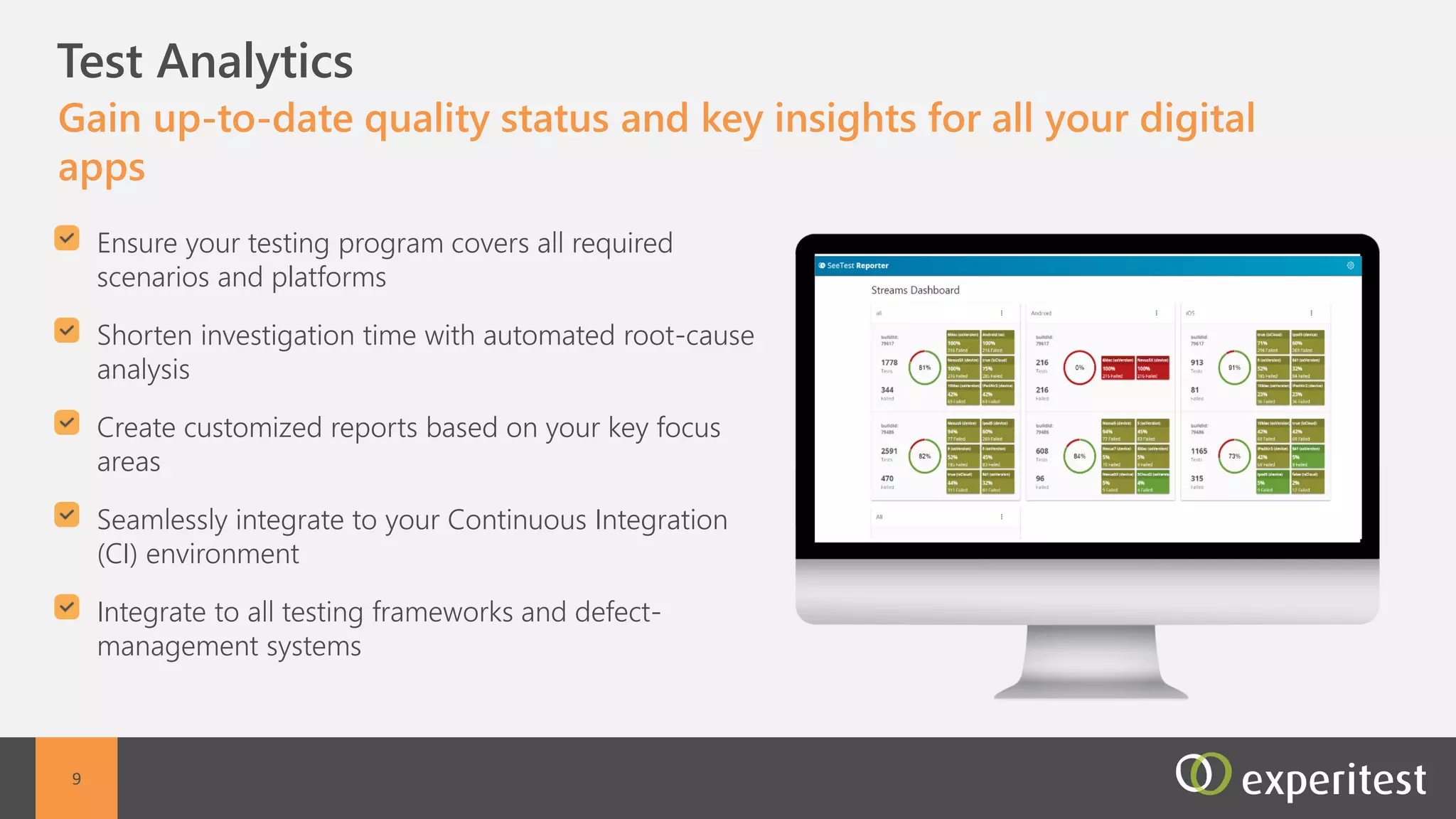 C Test Automation
Develop and execute automated tests including full
integration to all automation and CI environments
Full integration to all automation frameworks and CI
environments both commercial and open source
Execute automated tests from a centralized
environment
Dynamic test scheduling, execution, and distribution
Device view of all executions in real time
9
 