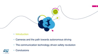 • Introduction
• Cameras and the path towards autonomous driving
• The communication technology driven safety revolution
• Conclusions
2
 