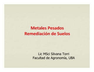 Metales Pesados
Remediación de Suelos
Lic MSci Silvana Torri
Facultad de Agronomía, UBA
 