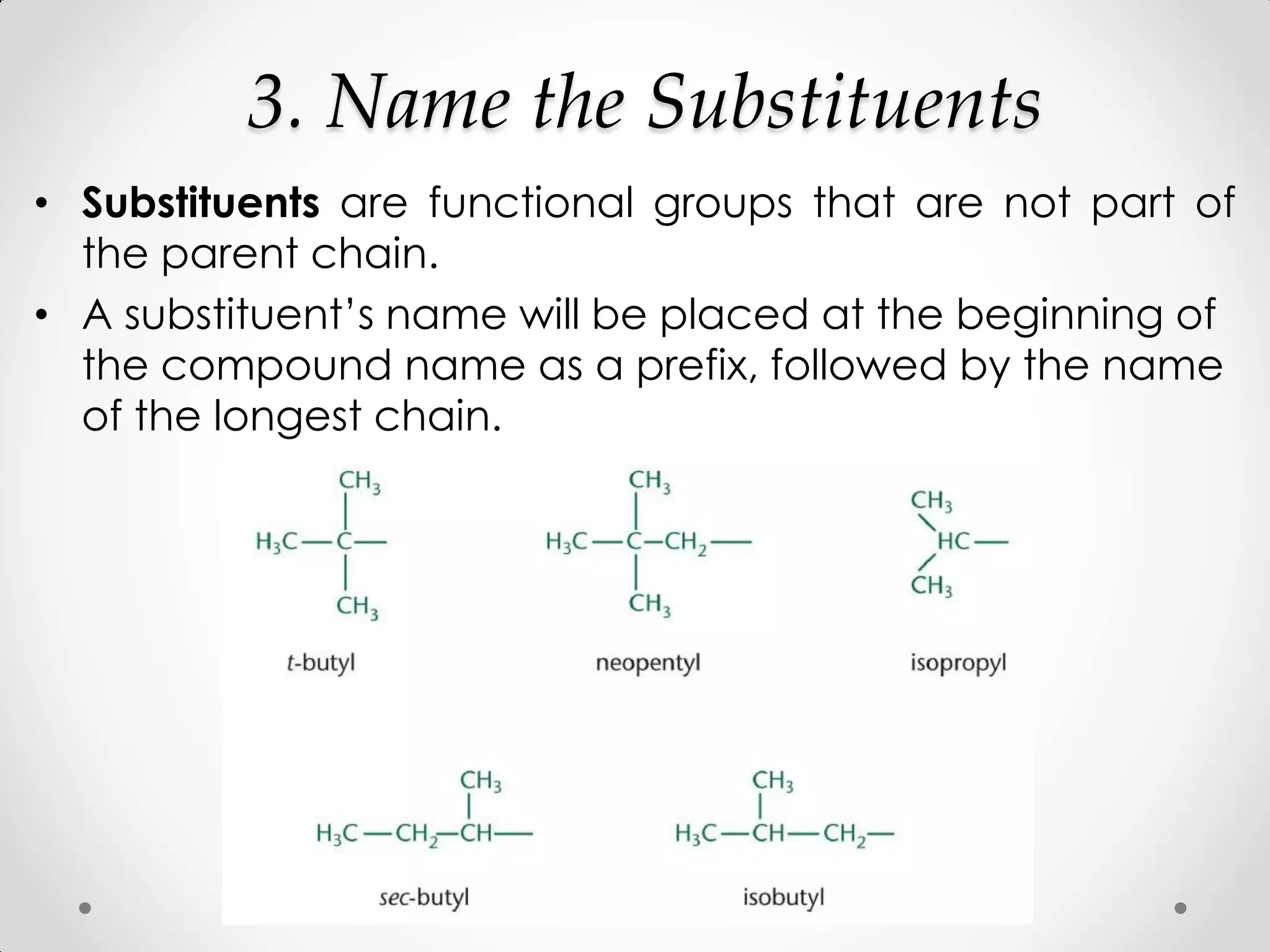 3. Name the Substituents
• Substituents are functional groups that are not part of
the parent chain.
• A substituent’s name will be placed at the beginning of
the compound name as a prefix, followed by the name
of the longest chain.
 