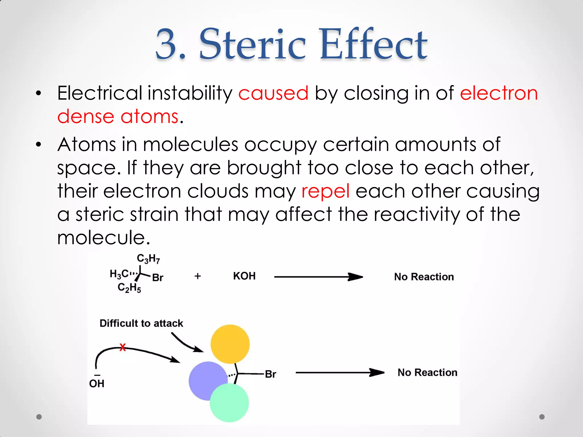 3. Steric Effect
• Electrical instability caused by closing in of electron
dense atoms.
• Atoms in molecules occupy certain amounts of
space. If they are brought too close to each other,
their electron clouds may repel each other causing
a steric strain that may affect the reactivity of the
molecule.
 