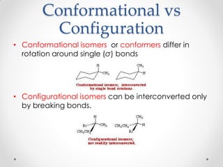 Conformational vs
Configuration
• Conformational isomers or conformers differ in
rotation around single (σ) bonds
• Configurational isomers can be interconverted only
by breaking bonds.
 