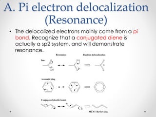 A. Pi electron delocalization
(Resonance)
• The delocalized electrons mainly come from a pi
bond. Recognize that a conjugated diene is
actually a sp2 system, and will demonstrate
resonance.
 