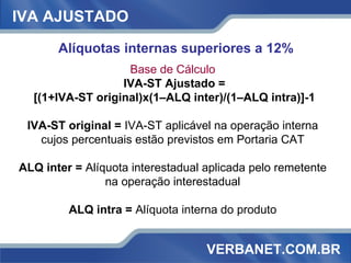 Alíquotas internas superiores a 12% VERBANET.COM.BR IVA AJUSTADO Base de Cálculo IVA-ST Ajustado = [(1+IVA-ST original)x(1...