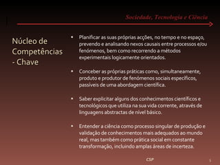 Sociedade, Tecnologia e Ciência  Núcleo de Competências - Chave Planificar as suas próprias acções, no tempo e no espaço, prevendo e analisando nexos causais entre processos e/ou fenómenos, bem como recorrendo a métodos experimentais logicamente orientados. Conceber as próprias práticas como, simultaneamente, produto e produtor de fenómenos sociais específicos, passíveis de uma abordagem científica. Saber explicitar alguns dos conhecimentos científicos e tecnológicos que utiliza na sua vida corrente, através de linguagens abstractas de nível básico. Entender a ciência como processo singular de produção e validação de conhecimentos mais adequados ao mundo real, mas também como prática social em constante transformação, incluindo amplas áreas de incerteza. CSP 