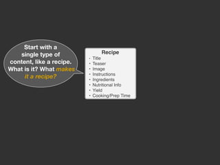 Start with a
single type of
content, like a recipe.
What is it? What makes
it a recipe?
 