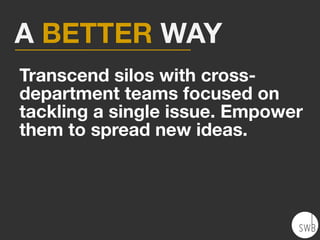 Transcend silos with cross-
department teams focused on
tackling a single issue. Empower
them to spread new ideas.
A BETTER WAY
 