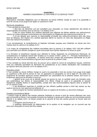 CHAPITRE II
NORMES CONCERNANT LE CAPITAINE ET LE SERVICE "PONT"
Section A-II/1
Prescriptions minimales obligatoires pour la délivrance du brevet d'officier chargé du quart à la passerelle à
bord de navires d'une jauge brute égale ou supérieure à 500
Norme de compétence
1 Tout candidat au brevet doit:
.1 être tenu de démontrer qu'il est compétent pour s'acquitter, au niveau opérationnel, des tâches et
responsabilités énumérées dans la colonne 1 du tableau A-II/1;
.2 être au moins titulaire d'un certificat approprié pour effectuer les tâches relatives aux radiocommuni-
cations sur ondes métriques conformément aux prescriptions du Règlement des radiocommunications; et
.3 s'il est désigné pour assumer la responsabilité principale des radiocommunications dans des situa-
tions de détresse, être titulaire d'un certificat approprié délivré ou reconnu en vertu des dispositions du Règle-
ment des radiocommunications.
2 Les connaissances, la compréhension et l'aptitude minimales requises pour l'obtention du brevet sont énu-
mérées dans la colonne 2 du tableau A-II/1.
3 Le niveau de connaissance des matières énumérées dans la colonne 2 du tableau A-II/1 doit être suffisant
pour permettre aux officiers chargés du quart d'accomplir leurs tâches relatives à la tenue du quart.
4 La formation et l'expérience requises pour atteindre le niveau nécessaire de connaissances théoriques, de
compréhension et d'aptitude doivent être fondées sur la section A-VIII/1, partie 3-1 - Principes fondamentaux à
observer lors du quart à la passerelle - et doivent aussi tenir compte des prescriptions pertinentes de la pré-
sente partie et des recommandations figurant dans la partie B du présent Code.
5 Tout candidat au brevet doit être tenu de prouver qu'il a atteint la norme de compétence requise, conformé-
ment aux méthodes permettant de démontrer les compétences et aux critères d'évaluation des compétences
qui figurent dans les colonnes 3 et 4 du tableau A-II/1.
Formation à bord
6 Tout candidat au brevet d'officier chargé du quart à la passerelle à bord de navires d'une jauge brute égale
ou supérieure à 500 dont le service en mer, en application du paragraphe 2.2 de la règle II/1, fait partie d'un
programme de formation approuvé comme satisfaisant aux prescriptions de la présente section doit suivre un
programme approuvé de formation à bord qui:
.1 garantit qu'au cours de la période requise de service en mer, le candidat reçoit une formation prati-
que systématique aux tâches et responsabilités d'un officier chargé du quart à la passerelle et acquiert
l'expérience desdites tâches et responsabilités, compte tenu des recommandations figurant dans la section B-
II/1 du présent Code;
.2 est étroitement supervisé et contrôlé par des officiers qualifiés servant à bord des navires sur les-
quels le service en mer approuvé est effectué; et
.3 est consigné de manière satisfaisante dans un registre de formation ou document analogue.
Voyages à proximité du littoral
7 Lorsqu'il s'agit de délivrer des brevets restreints d'aptitude au service à bord de navires effectuant des voya-
ges à proximité du littoral, il est possible d'omettre les matières ci-après parmi celles qui sont énumérées dans la
colonne 2 du tableau A-II/1, en tenant compte de la sécurité de tous les navires pouvant se trouver dans les
mêmes eaux:
.1 navigation astronomique; et
.2 systèmes électroniques de détermination de la position et de navigation qui ne couvrent pas les
eaux pour lesquelles le brevet doit être valable.
STCW 1978/1995 Page 30
 