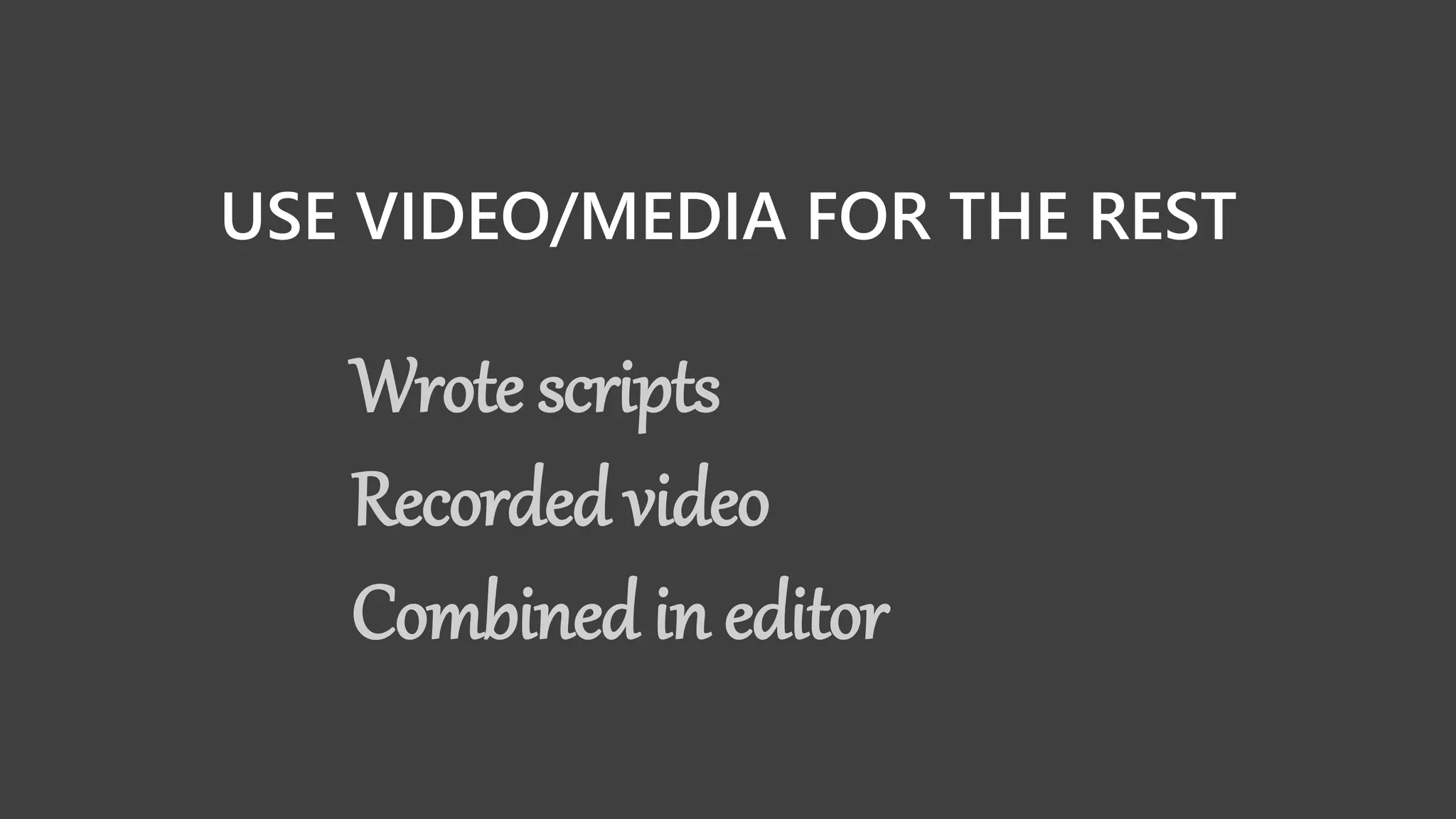 USE VIDEO/MEDIA FOR THE REST
Wrote scripts
Recorded video
Combined in editor