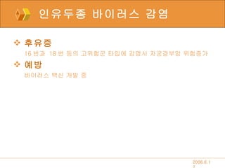 인유두종 바이러스 감염 후유증 16 번과  18 번 등의 고위험군 타입에 감염시 자궁경부암 위험증가 예방 바이러스 백신 개발 중 