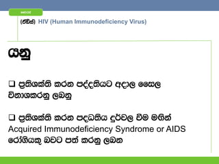 ffjria


  ^taâia& HIV (Human Immunodeficiency Virus)




hkq

 m%;sYla;s lrk moao;shg wod, ffi,
úkdYlrkq ,nkq

 m%;sYla;s lrk moO;sh ÿ¾j, ùu uÕska
Acquired Immunodeficiency Syndrome or AIDS
frda.shl= njg m;a lrkq ,nk
 